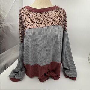 Umgee Women’s Blouse Large Animal Print/gray/maroon Shirt Top